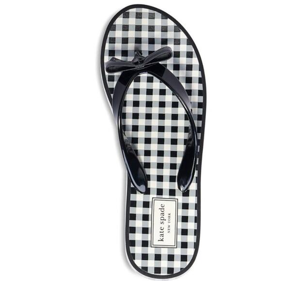 Kate Spade Rina Wedge Flip Flops Black Gingham Bow Sandals Size 7B Women’s - Picture 4 of 14